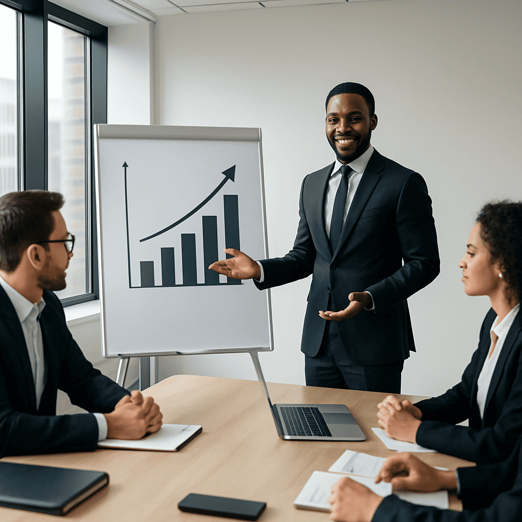 A business professional presenting a growth chart in a modern boardroom.