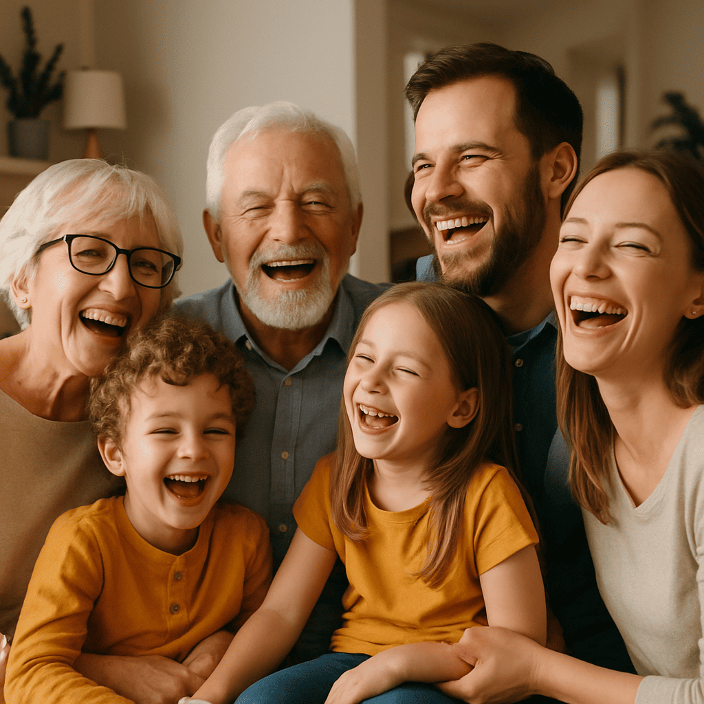 A happy multi-generational family laughing together in a home.